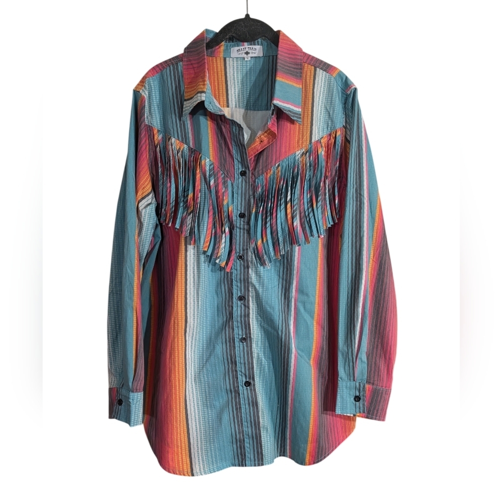 Crazy Train Serape Fringe Western Button Down Shirt | Boutique Boho Top | Size L - Picture 3 of 7